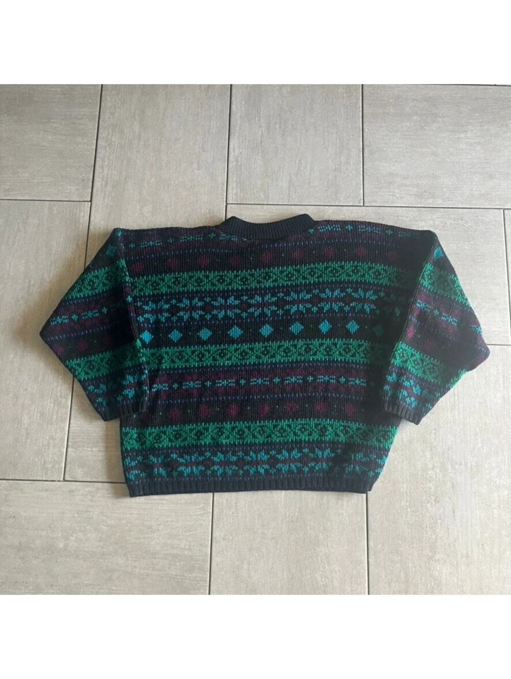 Vintage Spoiled Girls Patterned Knit Pullover Sweater Black Green Purple